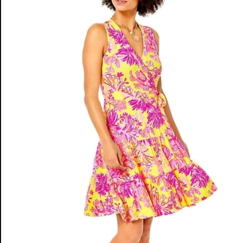 NEW Women's Lilly Pulitzer Folly Wrap Dress Pink Yellow XS Calla Yellow